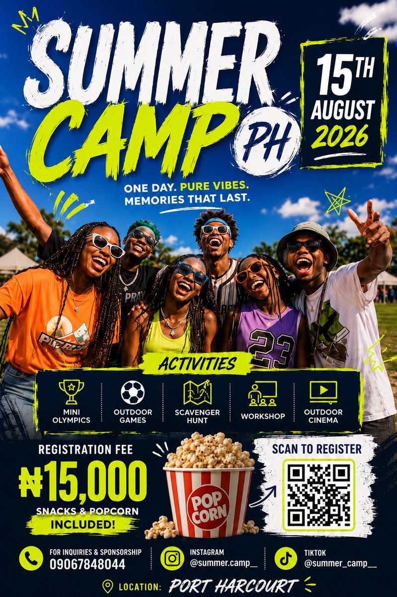 alali_favour's tweet photo. Introducing SUMMER CAMP PH — Olympics Edition 🏕️

A one-day youth experience in Port Harcourt. August 15th, 10am-8:30pm.

Mini Olympics 🏃🏾
Outdoor Games 🎮
Scavenger Hunt 🗺️
Workshop 
Outdoor Cinema under the stars 

₦15,000 — snacks &amp; popcorn included. https://t.co/Xs0lDOBn9O
