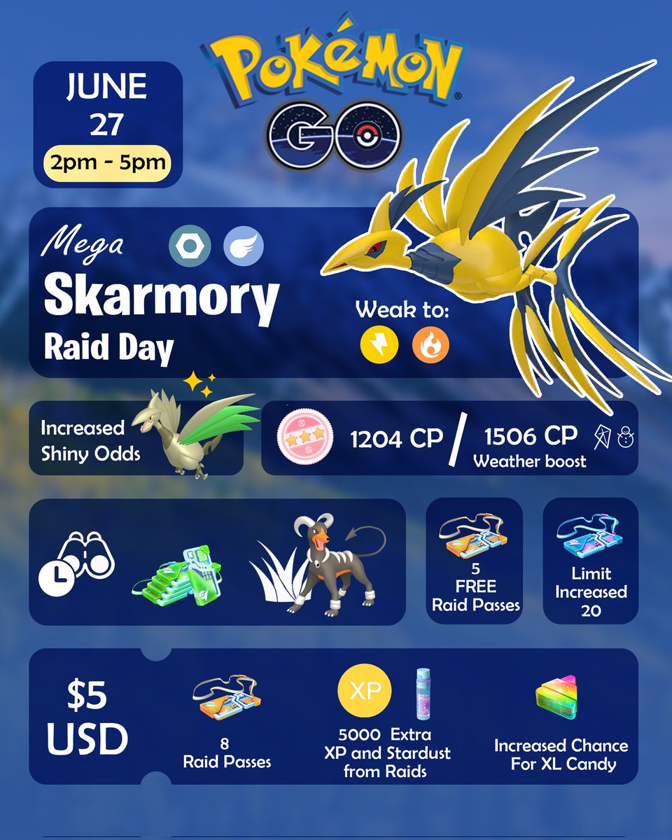 MYSTIC7's tweet photo. Mega Skarmory Raid day Arrives in Pokémon GO on June 27th! https://t.co/9H1bWEnlXi
