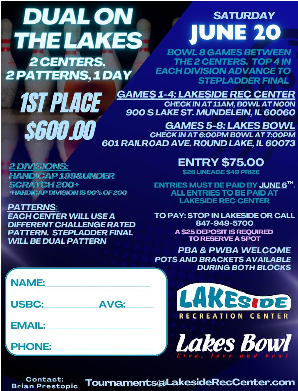LakesideRec_IL's tweet photo. 🎳 Today at Lakeside Recreation Center! 🎳
📅 Saturday, June 20, 2026

🏆 Dual on the Lakes Tournament
⏰ 11:00 AM – Check-In Begins
🎳 12:00 PM (Noon) – Squad Start Time

💵 Cash-Only Entry Available On-Site
🎳 Walk-ins Welcome Until Squad Time and subject to lane availability. https://t.co/Cny9marmKx