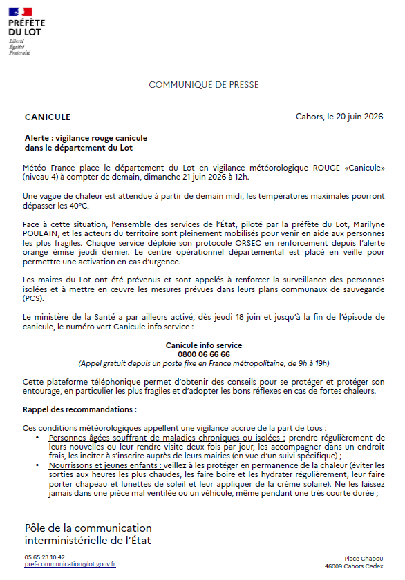 Image de Préfète du Lot - #Météo | Passage du département du Lot en vigilance rouge canicule à compter de demain, dimanche 21 