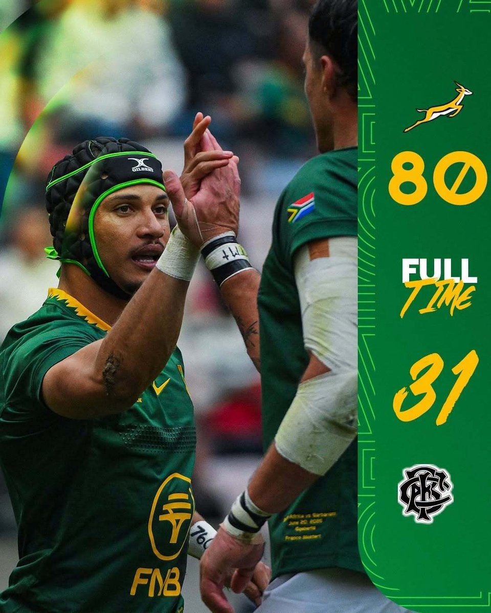 JustPlainX's tweet photo. The SPRINGBOKS take a demanding 80-31 WIN that sets the tone for an exciting season to come 🇿🇦🏉 WELL DONE BOKKE!

#GoBokke #ForeverGreenForeverGold #springboks #rugby #JustPlainSport https://t.co/meXnL8x2R0