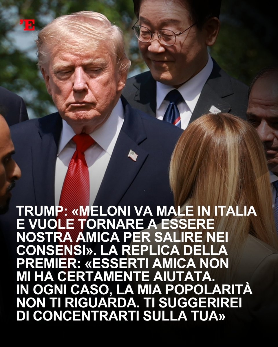 espressonline's tweet photo. Lo strappo si allarga ancora: il Tycoon torna all'attacco della presidente del Consiglio con un post su Truth. Un'ora dopo la risposta: "Non tornerò sull’argomento, uno spettacolo non all’altezza del nostro compito" https://t.co/e23XP63jRk