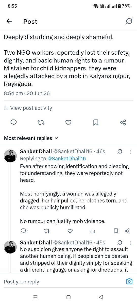 SanketDhall16's tweet photo. @odisha_police civilised society is judged not by how it treats the powerful, but by how it protects the vulnerable.

@cmo_odisha @ministrywcd @wcdodisha

#Rayagada #MobViolence #JusticeForVictims #StopMisinformation #WomenSafety #RuleOfLaw #HumanRights #Odisha @narendramodi https://t.co/46MKTlngl5
