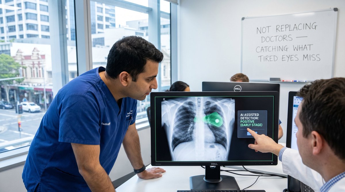 Hezhinx's tweet photo. A hospital in Brisbane is now using an AI that reads chest X-rays and catches early-stage lung cancer that radiologists miss roughly 12% of the time.

Not replacing doctors — catching what tired eyes miss after the eighth scan of a 14-hour shift.

This is what AI in medicine actually looks like. 
Not robots. 
Just better odds.

#FutureScience #AIMedicine