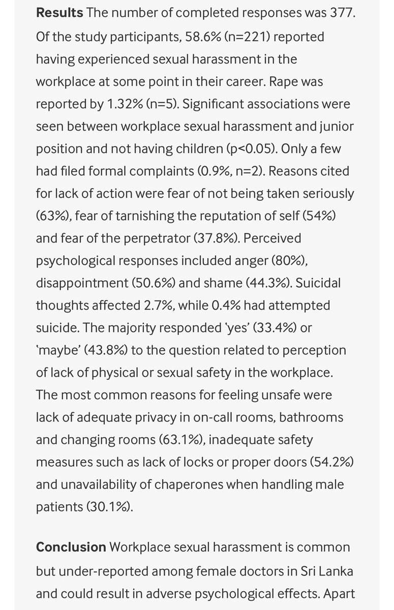 MarlonAriy's tweet photo. Important report on Sexual Harassment among Female doctors in Sri Lanka.  

“Conclusion: Workplace sexual harassment is common but under-reported among female doctors in Sri Lanka and could result in adverse psychological effects. Apart from sociocultural enablers, there are modifiable environmental factors that are associated with it, and it is imperative that administrators take these factors into account for the improvement of workplace safety.”

https://t.co/NTsaLCav1I