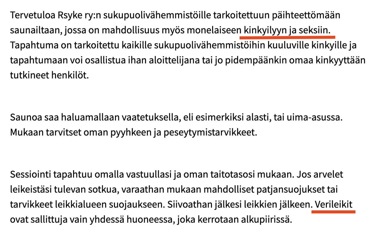 ramikurimo's tweet photo. "Verileikkejä"

Tampereen kaupunki mainostaa sivuillaan Manse Priden tapahtumaa, jossa on mahdollisuus "kinkyilyyn", seksiin ja "verileikkeihin"

1) Kuuluuko kaupungin mainostaa tällaista tapahtumaa?
2) Tuetaanko tällaista toimintaa verorahoilla?

Lähde alla https://t.co/unft1LXXsH