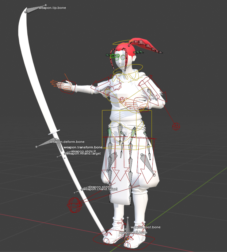 Blender8404's tweet photo. 今日はリグの連携を少しテスト。頭につける小物と武器、それぞれのリグとキャラ本体リグをチャイルドコンストレイントで想定通りに制御できることを確認しました。良かった良かった😌
#Blender https://t.co/3j150Z5Gdz