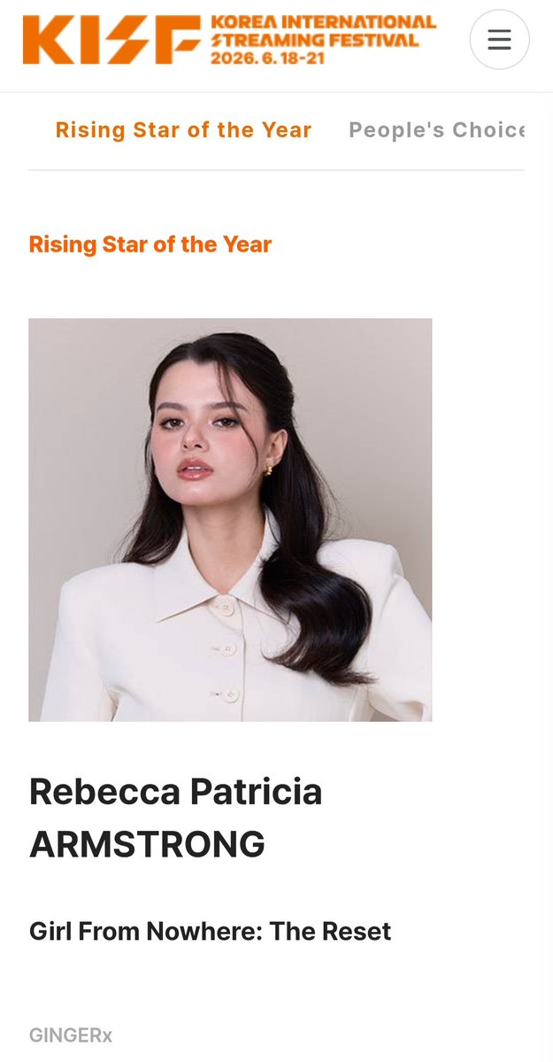 becky_support_'s tweet photo. Rising Star of the Year ⭐👏🏻

Rebecca Patricia ARMSTRONG ⭐ @AngelssBecky

via @kisf_official website
REBECCA X KISF2026
#BeckyxKISF2026
#beckysangels #BeckyArmstrong
#GirlFromNowhereTheReset #เด็กใหม่TheReset https://t.co/SL1v04WrgV