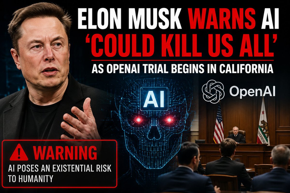 AshadBuilds's tweet photo. Elon Musk Warns AI ‘Could Kill Us All’ as OpenAI Trial Begins in California. 

@california @elonmusk https://t.co/6xUuM5Fc9D