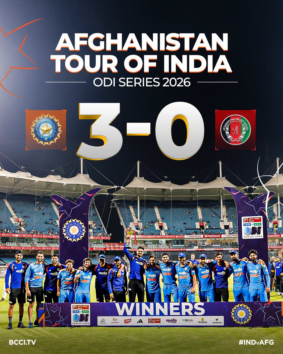 BCCI's tweet photo. 𝗪.𝗜.𝗡.𝗡.𝗘.𝗥.𝗦 🏆

The celebrations begin in the #TeamIndia camp as we clinch the @IDFCFIRSTBank #INDvAFG series with a 3⃣-0⃣ margin 🙌 https://t.co/oI9lbaNeXk