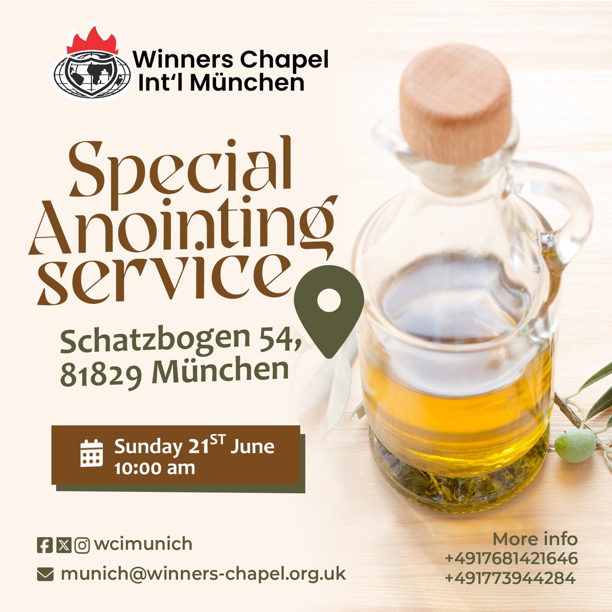 wcimunich's tweet photo. Join us this Sunday in our Special Anointing Service. Come expecting an encounter for healing and health by the revelation of God's Word and the Anointing.

#WCIMunich
#AnointingService
#ChurchInMunich
#OpenDoorsYear https://t.co/1glowqhfHB
