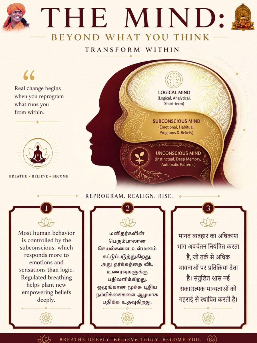 SriNithyananda's tweet photo. "Your behavior is NOT controlled by logic — it runs on the subconscious. Regulated breath reprograms it with empowering beliefs. 🧠🕉️
Watch LIVE 👇
https://t.co/sMvYqNcmCx
#MindScience #Subconscious #Pranayama #Nithyananda #KAILASA #HinduWisdom #Vedanta" https://t.co/J0xizwGgNt