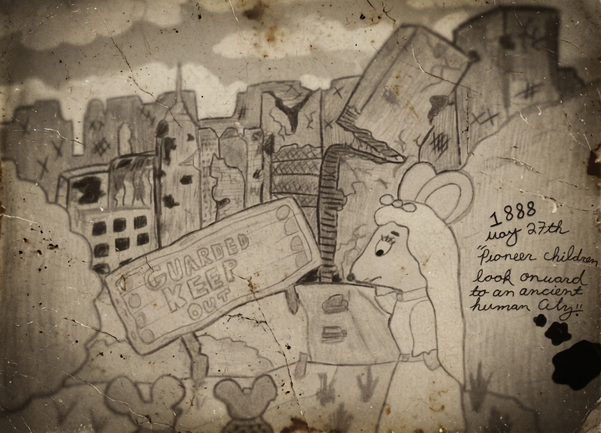 DootDootMouse's tweet photo. "Pulled from The Library of Council. Forbidden zones riddled the frontier. These zones were a wealth of knowledge and engineering to the MS government. Radiation sickness was not understood in the 19th century. #MouseEverse #Indieart #Worldbuilding https://t.co/hH32HC4pd7