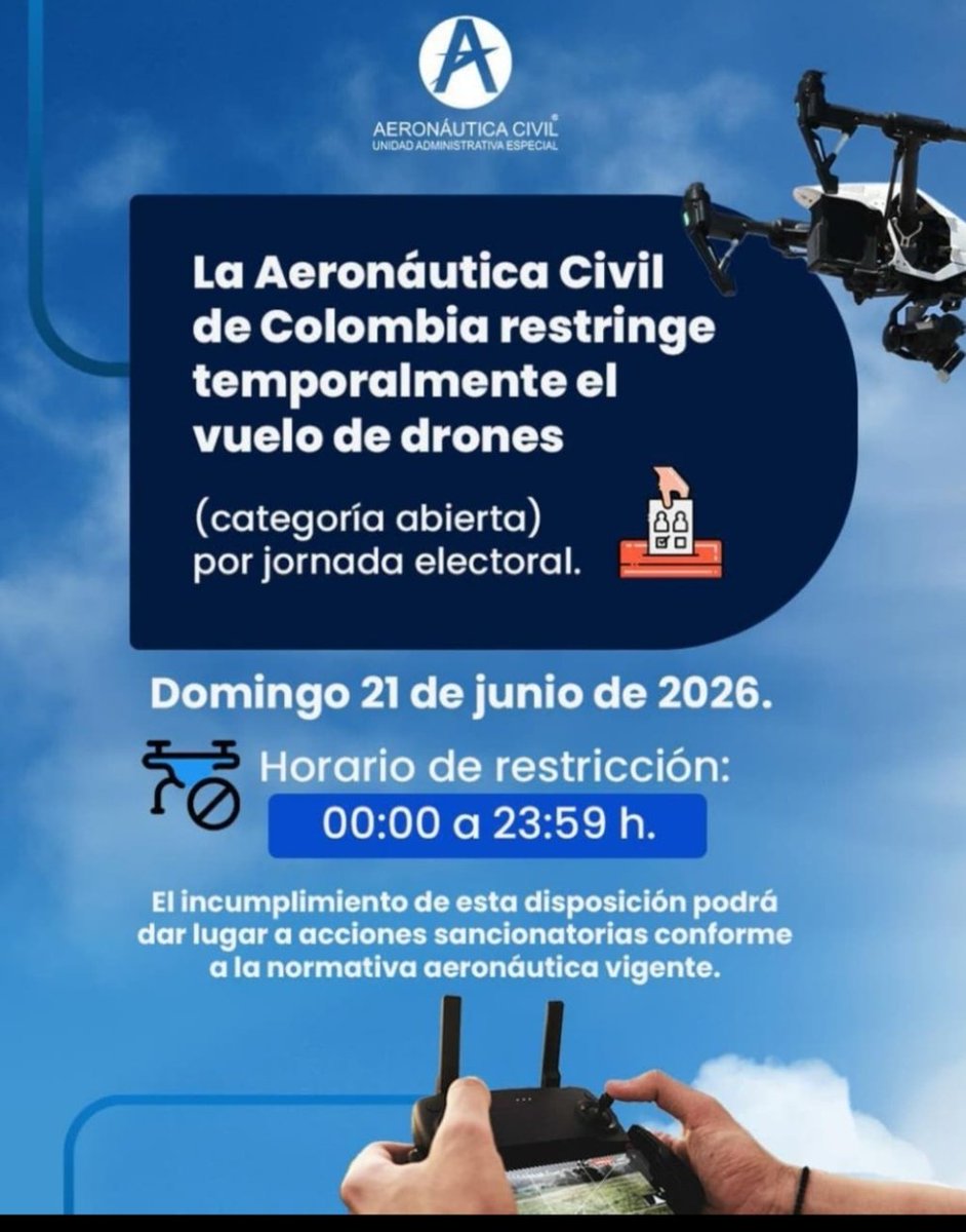 ConexionInform5's tweet photo. #Atención 🔊 Durante la jornada electoral, hay nuevas medidas, como la restricción de uso de drones en #Boyacá y #Colombia.

🚫 Ley seca activa
🚫 Uso de dispositivos 📲📹📷

⚖️ El incumplimiento será sancionado #Ley1801

📝Decreto 0612 del 16 de junio de 2026 🤝 https://t.co/UYCZ3edv9j