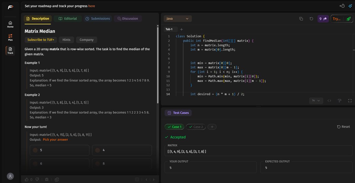 Adiyatakhell's tweet photo. Day 20 #SDESheetChallenge
Solved:
• Find Nth Root of a Number
• Single Element in Sorted Array
• Search in Rotated Sorted Array
• Matrix Median
Learned:
• Binary Search on Answers
• Search Space Reduction
• Sorted Properties
Matrix Median was today's highlight.
#DSA https://t.co/yIVenLDziT