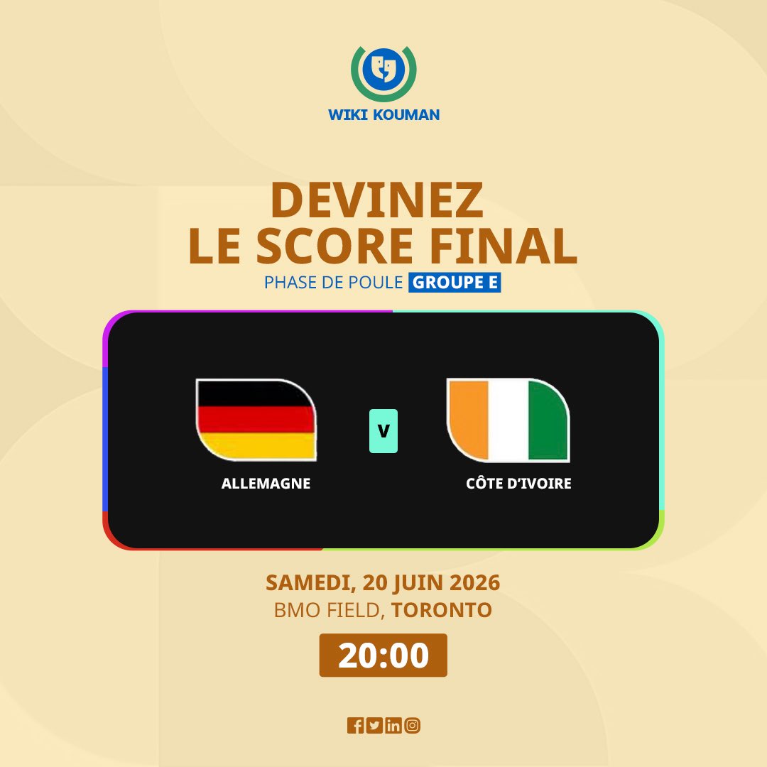 WikiKouman's tweet photo. ⚽️🏆 Coupe Du Monde 2026

Quel est ton pronostic pour ce soir ?

Allemagne 🇩🇪 vs Côte d’Ivoire 🇨🇮 

Humilité activé !

#FIFA2026 #WorldCup2026 #wikikouman #ivoirien #civ https://t.co/nlWYj6KoER