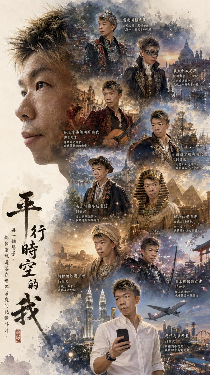 ljleekc's tweet photo. 平行時空的我

融合多個不同國家，不同時代，文化特色
，传统服装的我。

雲南苗疆古族
義大利威尼斯假面舞會
西班牙佛朗明哥時代
葡萄牙航海時代
瑞士阿爾卑斯童話
埃及法老王朝
阿拉伯沙漠王朝
日本戰國姬武者
马来西亚

#马来西亚
#新山
#johor
#男生
#帅哥
#chatgpt https://t.co/p9Zs9kMb8c