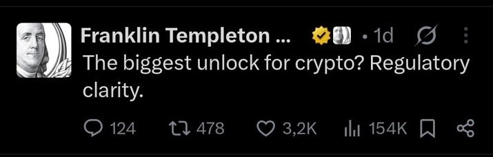 markchadwickx's tweet photo. People just don't understand what’s gonna happen when the Clarity Act passes…

Franklin Templeton - a TradFi giant with ~$1.74 trillion in AUM - just said regulatory CLARITY is the biggest unlock for crypto.

This is just ONE giant - there are many. 

TRILLIONS in institutional capital are parked on the sidelines right now. 

Once those rules drop, the floodgates open.