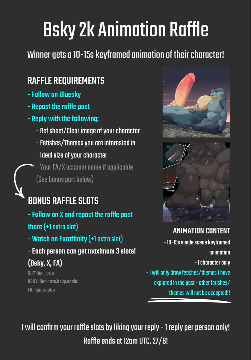 ilon_arts's tweet photo. I'm hosting an animation raffle over at bsky!! Winner gets a 10-15s animation of their character. Read the pic for details if you want to participate!! https://t.co/HNwQehHAxG