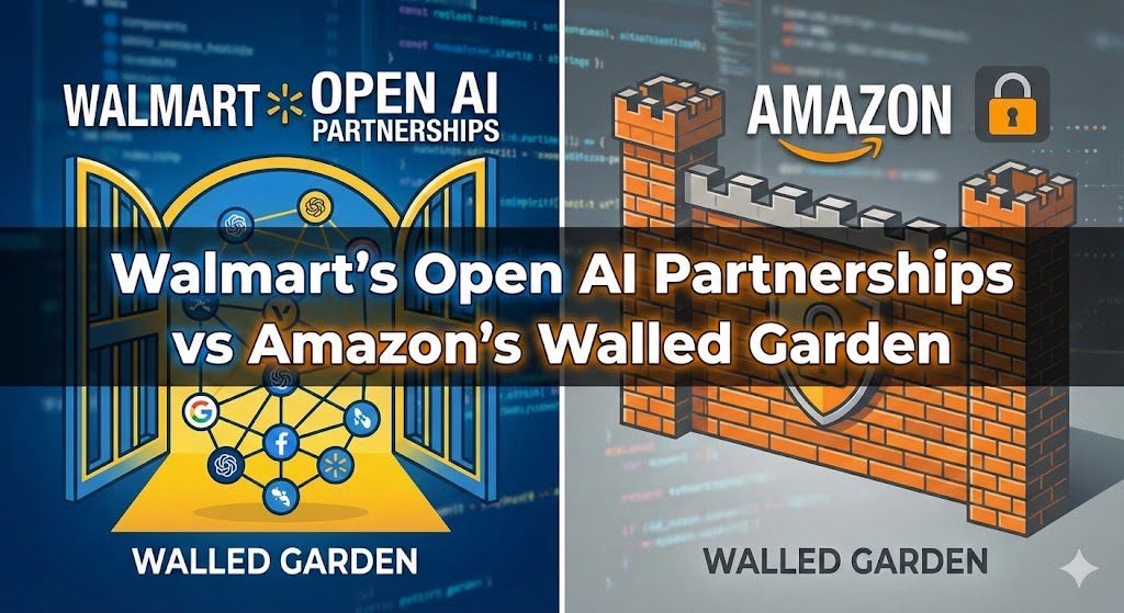 24ttl's tweet photo. Walmart vs Amazon, two bets on AI shopping. Walmart brings its own agent Sparky into ChatGPT and Gemini and joins Google's open commerce protocol. Amazon keeps buying inside its own app with Buy for Me. Same goal: own the agent.

https://t.co/HNWm5wrZhK https://t.co/b5T0UtJuOB