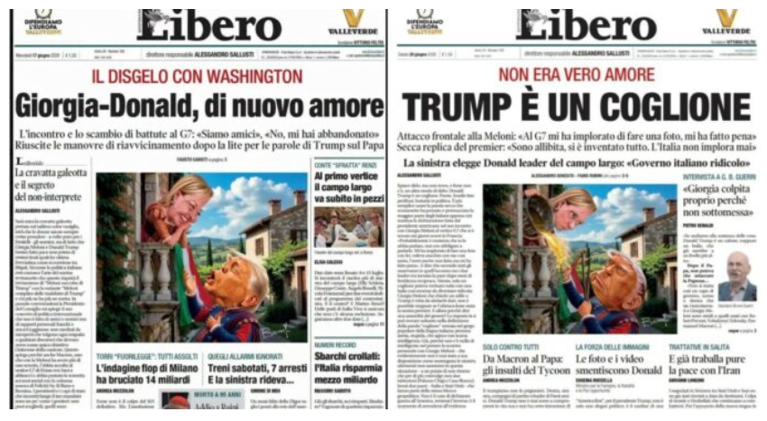 PNaim51's tweet photo. In tre giorni il quotidiano passa dagli elogi all'insulto. Sallusti non perdona le parole del presidente Usa su Meloni al summit di Evian. https://t.co/OlFqImfwHu