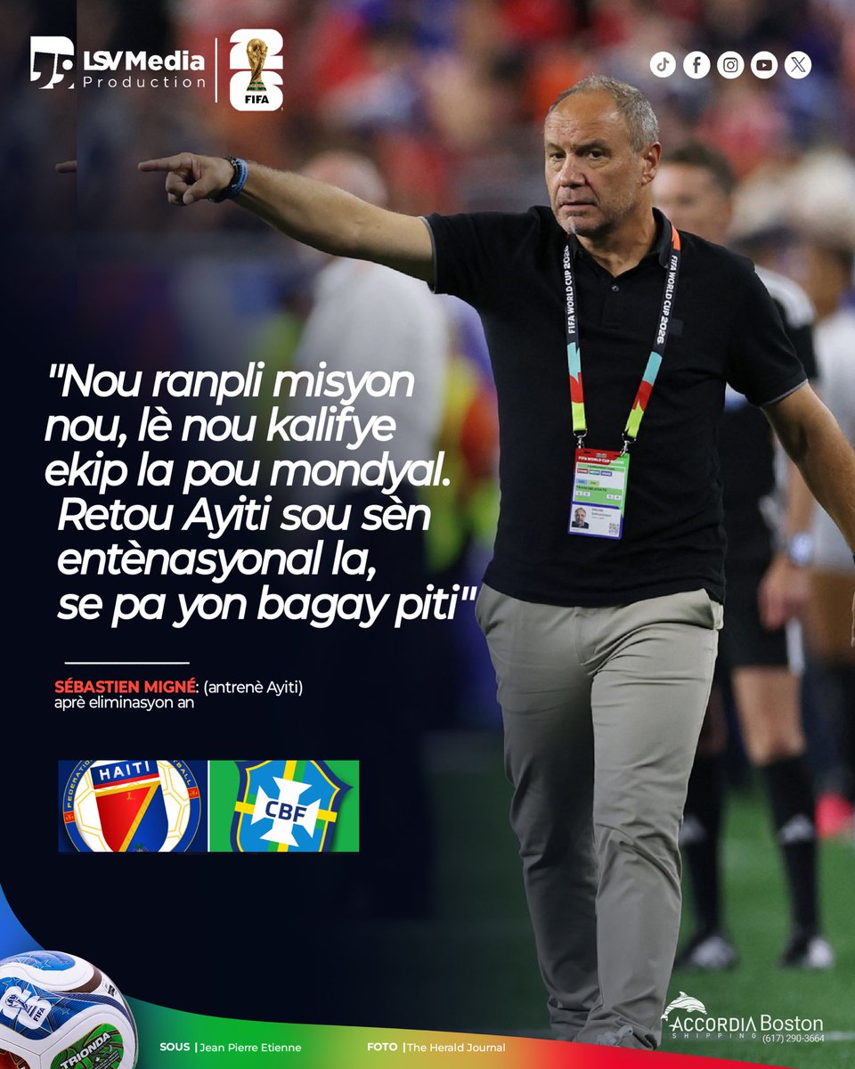 LuckNews88's tweet photo. ⭕️ENFO | Antrenè Ayisyen an fè deklarasyon sa a, nan konferans pou laprès aprè match fas a Brezil,🇧🇷vandredi 19 jen 2026 la. Daprè sa jounalis espòtif Jean Pierre Etienne @jpehaiti ki te prezan rapòte, Sebastien Migné di li konnen sa ta pral konplike, e li raple te gen yon trè bon seleksyon Brezilyèn anfas yo. « Jodi a se te Brezil. E pou w pèfòme byen kont ekip sa yo, fò k tout bagay nan plas yo, fò k ou pa fè erè. Men malerezman, nou fè 2 erè ki koute nou chè anpil sou rezilta match la », se sa antrenè🇫🇷Fransè a deklare devan kamera jounalis. Nap siyale, anpil Ayisyen🇭🇹sou rezo sosyal yo ki te deja pat renmen chwa taktik Sebastien Migné a, montre yo plis fache ankò aprè kalite deklarasyon sa yo. Deja, divès fanatik, e menm jounalis espòtif Ayisyen mande pou antrenè a ta kite tèt seleksyon an❌| LSV