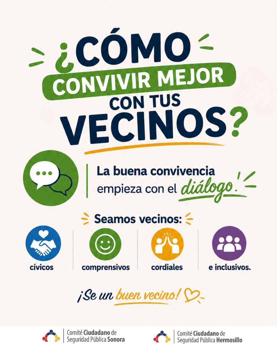 CCSPHermosillo's tweet photo. Convivir mejor empieza con pequeños gestos: escuchar, respetar y ser amables día a día 🤝

Entre vecinos podemos crear un entorno más tranquilo, seguro y lleno de buena vibra.

Y tú, ¿qué haces para ser un buen vecino? 🏡 https://t.co/l58AcCR9vn