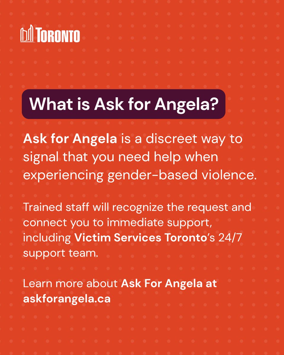 cityoftoronto's tweet photo. If you are feeling uncomfortable or unsafe, you are not alone. 

In participating locations across Toronto, you can discreetly ask for help by saying “Is Angela here?” and trained staff will know what that means. 

Learn more and find a participating location at: https://t.co/AAo6FRPNfs 

Share to get the word out. 🙏