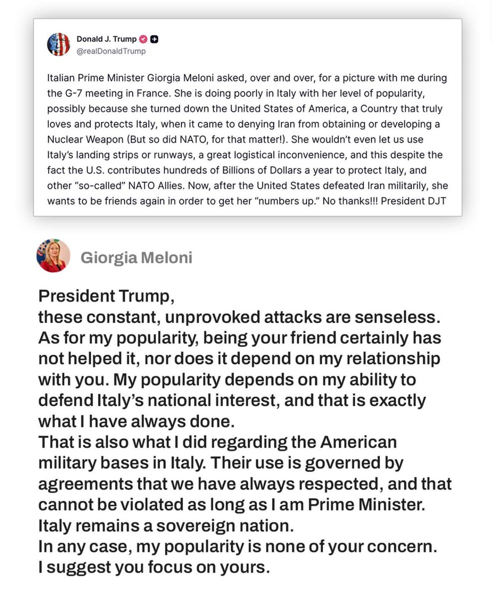 TheInsiderPaper's tweet photo. BREAKING: Italy PM Meloni says these 'constant, unprovoked attacks' from Trump are 'senseless' https://t.co/qmFiUC6wzr