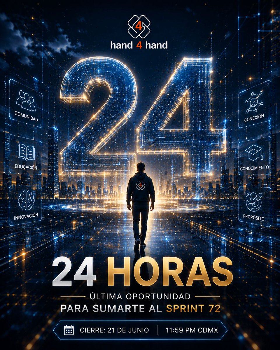 HelloHand4hand's tweet photo. ⚡ 24 HORAS. UNA DECISIÓN.

Hay oportunidades que regresan.
Y hay oportunidades que marcan un momento.

El Sprint 72 está por cerrar.

Miles de personas ya decidieron dar el paso hacia una comunidad basada en aprendizaje, innovación y crecimiento colaborativo.

Hoy la decisión sigue estando en tus manos.

⏳ Solo quedan 24 horas para sumarte.

📅 Cierre: 21 de junio
🕚 11:59 PM CDMX

No permitas que mañana sea el día en que digas: "debí haberlo intentado".

#Hand4Hand #Sprint72 #24Horas #ÚltimaLlamada #Innovación #ComunidadGlobal #EducaciónDigital