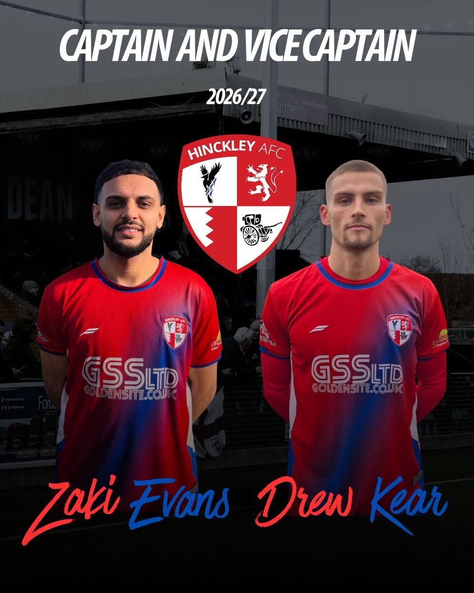 hinckley_afc's tweet photo. ©️ Hinckley AFC are proud to confirm our players' leadership group for the coming season - with Zaki Evans retaining the captaincy and Drew Kear appointed as vice-captain for 2026/27 https://t.co/wQFlKt749U