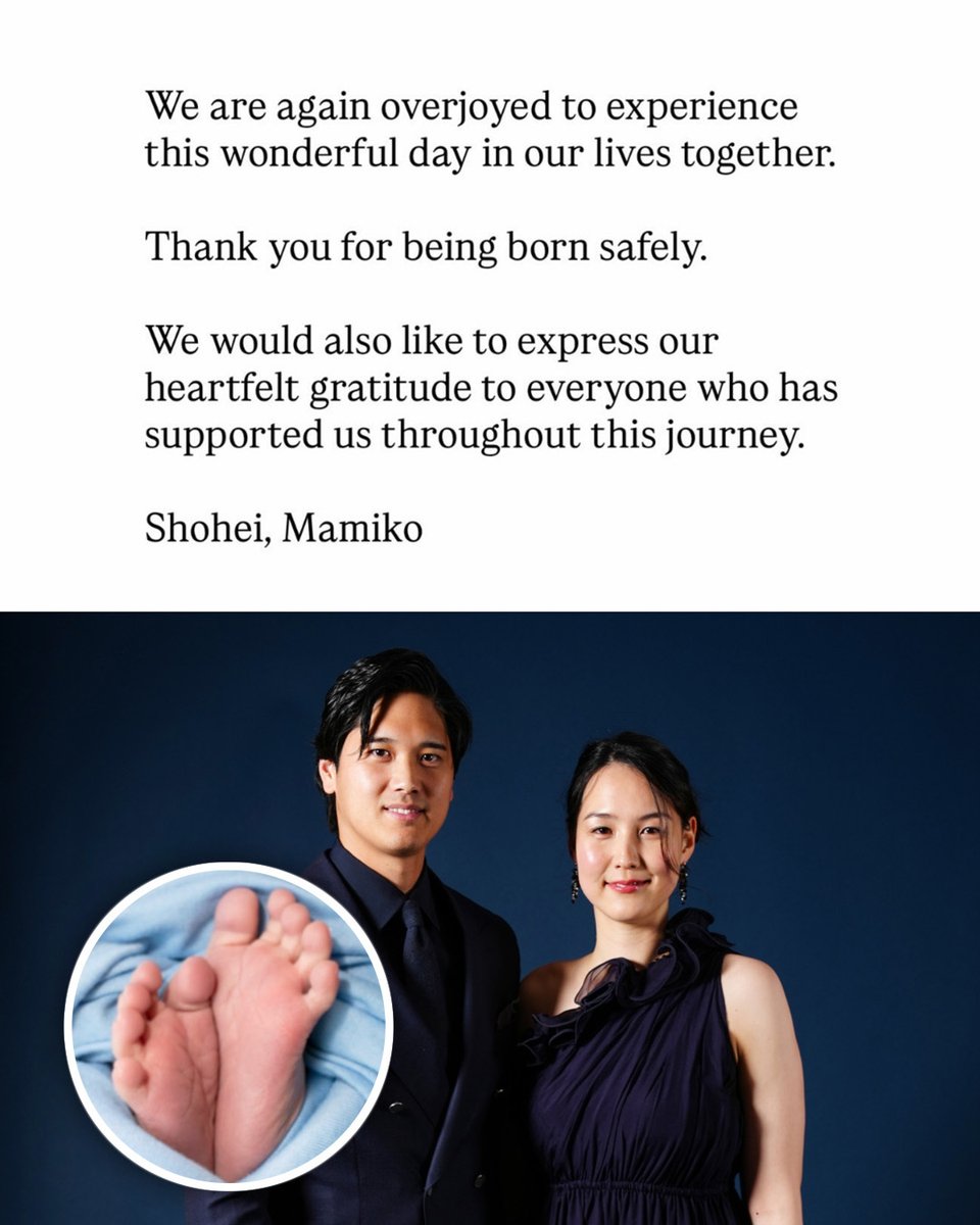 MLB's tweet photo. Congratulations to Shohei Ohtani and his wife Mamiko on the birth of their second child! ❤️

(via shoheiohtani/IG) https://t.co/5cVCRCyi8E