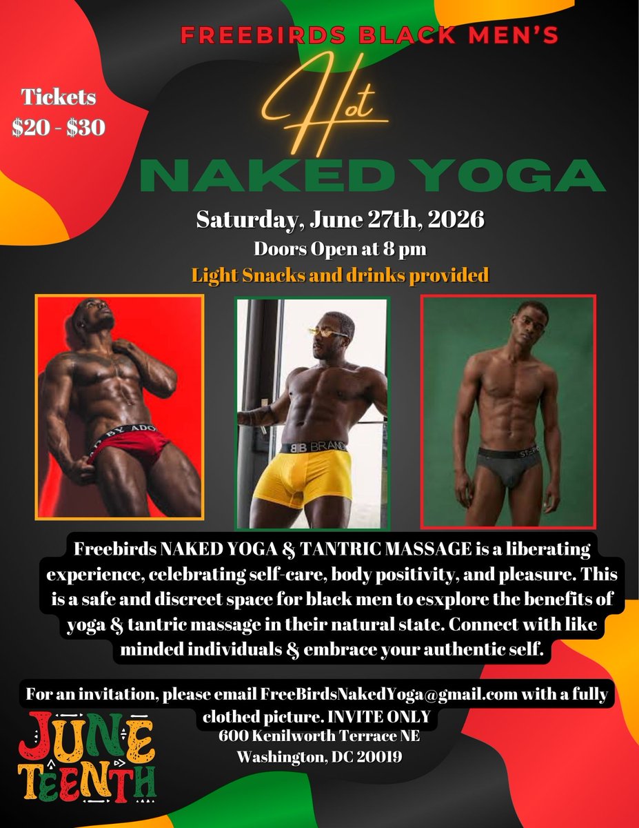 FBNakedYoga's tweet photo. Join us for the Next FREEBIRDS Black Men's Naked Yoga &amp; Tantric Message on Saturday, June 27th. Please DM us for an INVITE! https://t.co/tgn9MRfxYb
