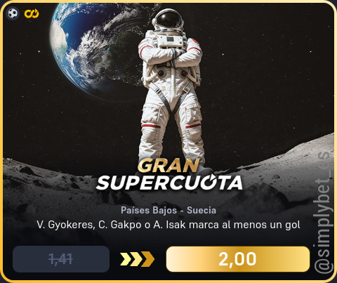 simplybet_es's tweet photo. 🔊🔊 Supercuota DORADA Winamax 🔊🔊

⚽️ Países Bajos - Suecia (Hoy 19:00)
V. Gyokeres, C. Gakpo o A. Isak marca al menos un gol
1.41 ➡️ 2.00 (41.84%) [10€]

#winamax #supercuota #dorada https://t.co/QuUOUNtSCD