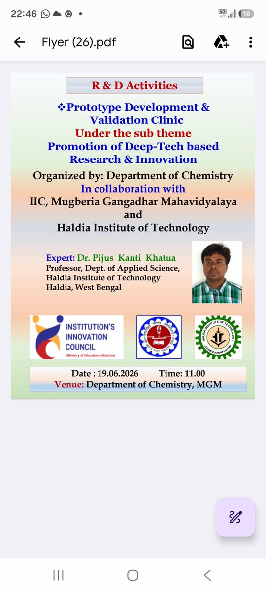 MugberiaM's tweet photo. The Department of Chemistry organized a Prototype Development and Validation Clinic on 19 June 2026 at MGM. The event promoted deep-tech research and innovation, featuring expert Dr. Pijus Kanti Khatua from Haldia Institute of Technology. https://t.co/veLqFLDBEY
