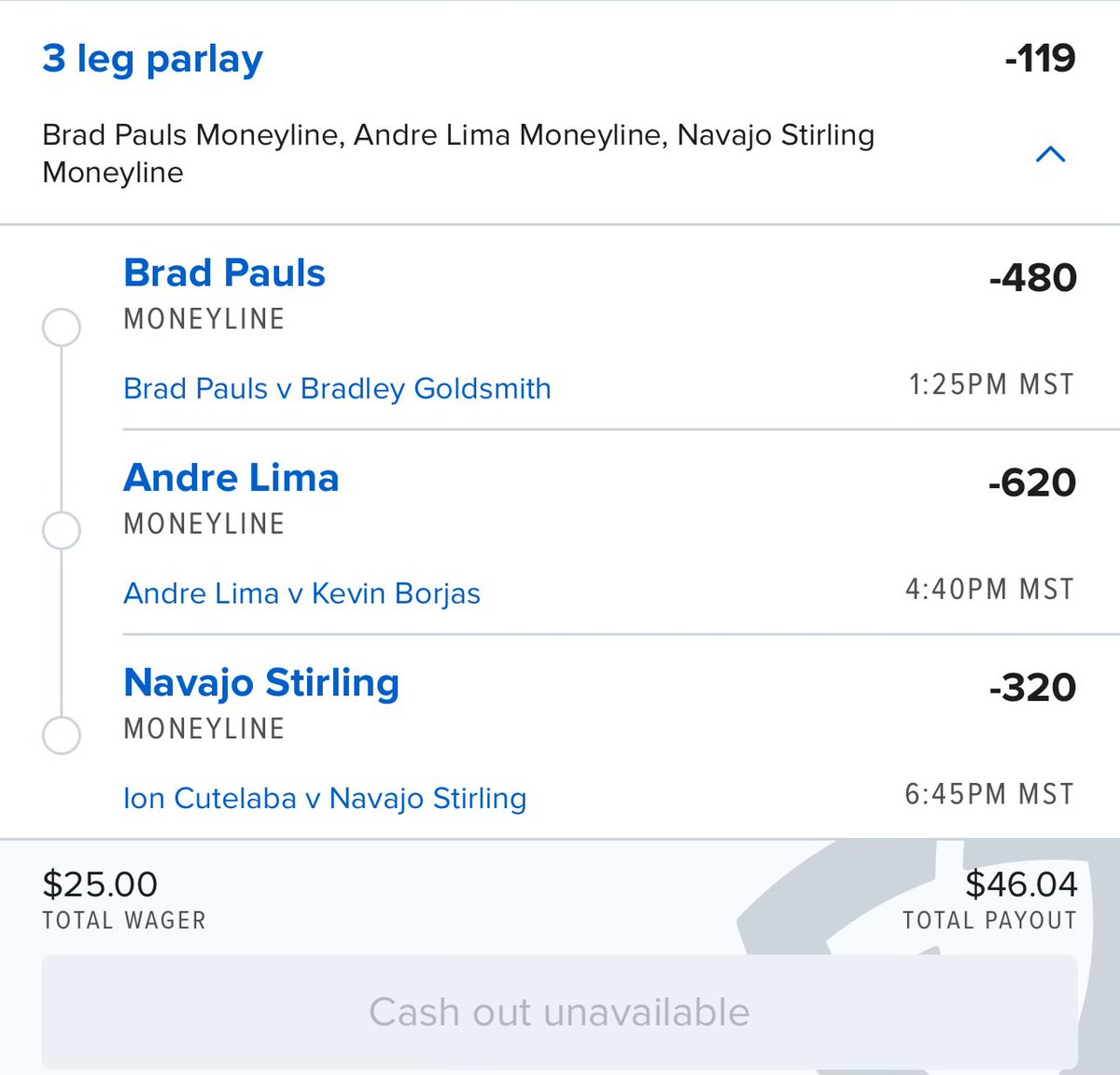 alejobets3's tweet photo. Boxing/ufc parlay 
Brad Pauls
Andre Lima 
Navajo stirling https://t.co/PetVWSF1rc