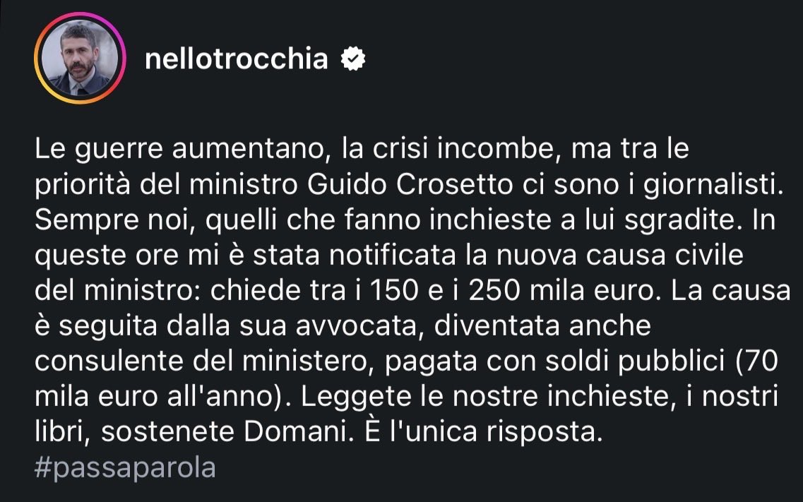 lisameyerildra1's tweet photo. Crosetto non gradisce le inchieste sul suo sistema di potere e suo sistema di relazioni e fa denuncia temerarie contro i giornalisti
Io sto con Nello Trocchia e i giornalisti che non si fanno intimidire dal potere corrotto https://t.co/PPNohoEn23