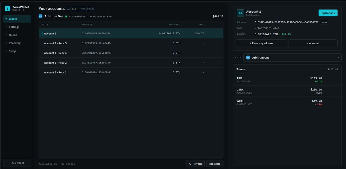 SoikaWallet's tweet photo. Meet Soika Wallet V2 — a non-custodial desktop wallet, rewritten from the ground up in C++17 / Qt 6.

The original Soika Wallet was a terminal TUI. V2 is a full native desktop app: real windows, system tray, QR codes — same self-custody ethos, far better UX.

#wallet #ethereum #bitcoin #solana