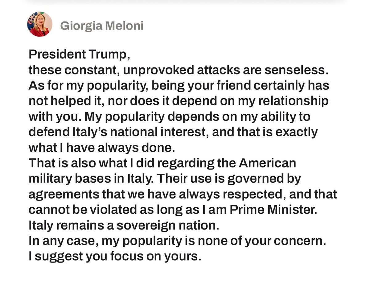 theskindoctor13's tweet photo. Meloni doubles down.

Tells Trump that being his friend certainly hasn't helped her popularity. Indirectly says that being Trump's friend is not a positive PR.

Also tells him that her popularity is none of his concern; he should focus on his own.

What a leader! https://t.co/sLhKXiRWim