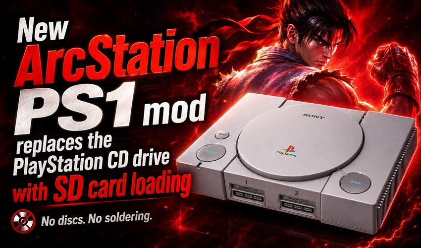AmigamagazineGA's tweet photo. New ArcStation PS1 mod replaces the ageing PlayStation CD drive with SD card loading, giving classic Sony hardware a cleaner, disc-free future. No soldering, no worn-out lasers, just retro gaming made easier. https://t.co/qoLy9RbDsW #ArcStation #PS1 #PlayStation #RetroGaming https://t.co/qKpLUohpCQ