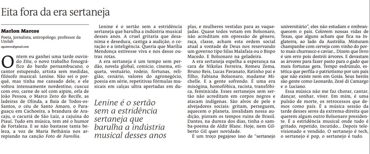 Be_neviani's tweet photo. Eita fora da era sertaneja – Marlon Marcos

Lenine é o sertão sem a estridência sertaneja que barulha a indústria musical desses anos
@MarlonMarcos
A Tarde 
Via 
@Conteudo_Livre https://t.co/GiXbfyHhpO