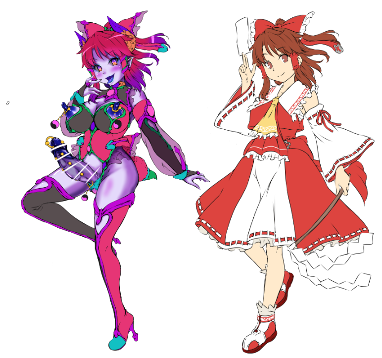 yuzumomomomo's tweet photo. なんか浮かんだ東方悪堕ちを適当に出力しました。
端末の堕霊夢は昔書いたこれに近い感じです。衣装はもうちょっと考えたい。 https://t.co/imw15ob3dm