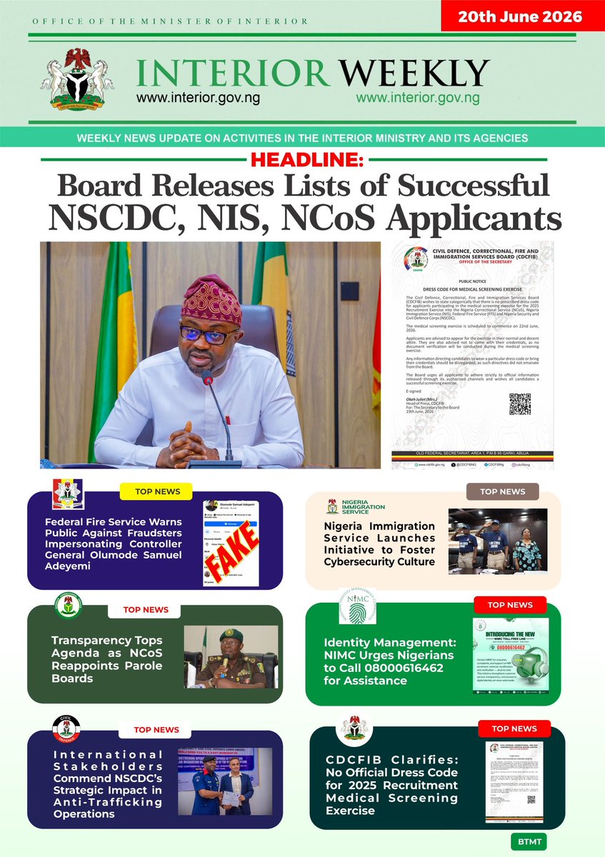 Lizz_Peace's tweet photo. Weekly activities of the Hon. Minister of Interior Dr. Olubunmi Tunji-Ojo. Under Ministry of Interior 
#RenewedHope 

The Headline; Board Releases lists of Successful NSCDC, NIS, NCoS Applicants. https://t.co/yH9EgFjCQS