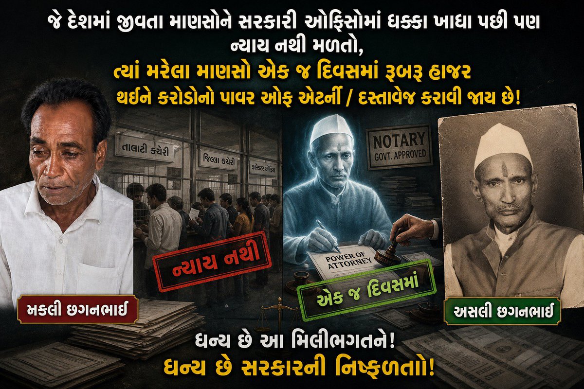 YAJadeja's tweet photo. 🗣️ચોરાહા પરથી...

🕵🏻"ભૂતિયા બાયોમેટ્રિક અને અવતારી આધારકાર્ડ!"🧾

વિજ્ઞાન કહે છે કે માણસ મરી જાય એટલે એનું પ્રકરણ પૂરું. આધ્યાત્મ કહે છે કે આત્મા અમર છે, પણ એ કપડાં બદલીને નવો જન્મ લે છે. પરંતુ, આપણા ગુજરાતના ભૂમાફિયાઓ અને મહેસૂલ વિભાગના જાદુગરોએ વિજ્ઞાન અને આધ્યાત્મ બંનેને ગિલ્લોડિયું ખવડાવી દીધું છે! એ લોકોએ સાબિત કરી દીધું કે આત્મા ગમે ત્યારે જૂના નામે જ પાછો આવી શકે છે, શરત માત્ર એટલી કે વાસણીરેલ ગામમાં કરોડોની જમીન હોવી જોઈએ.

મામલો અરવલ્લીના બાયડ તાલુકાના #વાસણીરેલ ગામનો છે. અસલી અને કાયદેસરના સરકારી ચોપડે નોંધાયેલું છે કે જમીનના મૂળ માલિક છગનભાઈ જીવણભાઈ પટેલ ૧૪ જાન્યુઆરી, ૧૯૭૨ ના રોજ આ ફાની દુનિયા છોડીને પરલોક સિધાવી ગયા હતા. મરણનો દાખલો કપડવંજ નગરપાલિકાએ કાયદેસર સહી-સિક્કા સાથે આપેલો છે.

હવે અસલી ચમત્કાર શરૂ થાય છે. વર્ષ ૨૦૨૫ ના એપ્રિલ મહિનાના ધોમધખતા તાપમાં, જ્યારે જીવતા માણસો એસી વગર રહી શકતા નથી, ત્યારે ૫૩ વર્ષ પહેલાં સ્વર્ગવાસી થયેલા છગનભાઈની આત્માને જમીન વેચવાની તીવ્ર ઈચ્છા થાય છે. આત્મા સીધી બાયડની સબ-રજિસ્ટ્રાર કચેરીએ પહોંચી જાય છે અને સબ-રજિસ્ટ્રાર સાહેબની નજર સામે અમદાવાદના એક ભાઈના નામે પાવર ઓફ એટર્ની લખી આપે છે!

આ કોઈ જેવો-તેવો ચમત્કાર નથી. ભૂમાફિયાઓએ આ 'અવતારી આત્મા'નું જે આધારકાર્ડ રજૂ કર્યું, તેમાં એમની જન્મતારીખ લખી છે: ૦૧/૦૧/૧૯૭૧! ગણિત માંડો તો ખબર પડે કે છગનભાઈ ૧૯૭૧ માં જન્મ્યા અને ૧૯૭૨ માં ગુજરી ગયા! માત્ર ૧ વર્ષની ઉંમરે છગનભાઈએ ૭૦ વર્ષનું આયુષ્ય પણ ભોગવી લીધું અને વર્ષ ૧૯૫૦ થી જમીનના ખાતેદાર પણ બની ગયા! આને કહેવાય કાળજીપૂર્વકનું ટાઈમ ટ્રાવેલિંગ!

બીજો મોટો સવાલ એ છે કે ભારતમાં આધારકાર્ડ આપવાની શરૂઆત વર્ષ ૨૦૧૦ થી થઈ. તો ૧૯૭૨ માં સ્વર્ગે ગયેલા વડીલનું આધારકાર્ડ કયા સદ્દભાગ્યે નીકળ્યું? અને કમ્પ્યુટરના સ્કેનરે આત્માની આંગળીઓના બાયોમેટ્રિક નિશાન કઈ રીતે પકડી લીધા? જો બાયડના સબ-રજિસ્ટ્રાર પાસે પરલોક ગયેલી આત્માઓનું અંગૂઠા-વેરિફિકેશન કરવાની ટેકનોલોજી હોય, તો ઈન્ટરનેશનલ સાયન્સ કમિટીએ આ ભ્રષ્ટ... સોરી, આ દૈવી બાબુઓને 'નોબેલ પ્રાઈઝ' આપવા લાઈનમાં ઊભા રહેવું જોઈએ.

કુદરતની કરામત તો જુઓ, છગનભાઈના સાચા પ્રપૌત્ર રાજુભાઈ આજે ૬૨ વર્ષના થઈને હૈયાત બેઠા છે. જ્યારે ભૂમાફિયાના ચોપડે પાવર લખી આપનારા એમના 'દાદા' છગનભાઈ દસ્તાવેજ વખતે માત્ર ૫૪ વર્ષના (જન્મ ૧૯૭૧ મુજબ) હતા! પૌત્ર કરતાં દાદા ઉંમરમાં નાના હોય તેવો અલૌકિક નજારો માત્ર અરવલ્લીના મહેસૂલી ચોપડે જ જોવા મળી શકે.

આ આખા ખેલમાં ઠાસરા અને બાયડના બે એવા પરોપકારી સાક્ષીઓ પણ મળી આવ્યા, જેમને વાસણીરેલ ગામ સાથે કોઈ લેવાદેવા નથી, છતાં તેઓ આત્માને ઓળખવા કચેરીએ દોડી આવ્યા! 

કૌભાંડમાં ૨૦ લાખ ૬૦ હજારના બેંક ચેકો પણ વટાવી દેવાયા છે. શું બેંકે યમલોકમાં નવી શાખા ખોલી છે કે આ પૈસા કોઈ ભૂતિયા ખાતામાં ઉધારાયા, એ પણ એક સંશોધનનો વિષય છે.

હસતાં-હસતાં પેટ દુખી જાય એવી આ વાર્તા વાસ્તવમાં ગરીબ ખેડૂતોના હક્કો પર ભૂમાફિયાઓ, નોટરી, દલાલો અને સરકારી બાબુઓની મિલીભગતથી થયેલો ખુલ્લેઆમ ધાડ છે. સૂત્રો કહે છે કે આ સિન્ડિકેટે આ પંથકમાં આવા ૩૦ જેટલા બોગસ ખેડૂતો ઊભા કરીને જમીનો સ્વાહા કરી લીધી છે.

જો સિસ્ટમમાં બેઠેલા ઉચ્ચ અધિકારીઓ આ '#ભૂતાવળ' સમાન બાબુઓ અને ભૂમાફિયાઓ સામે તાત્કાલિક કાયદાનો ડંડો નહીં પછાડે, તો ભવિષ્યમાં જીવતા માણસોએ પોતાની જમીન બચાવવા રોજ સબ-રજિસ્ટ્રાર કચેરીએ જઈને પુરાવો આપવો પડશે કે- "સાહેબ, જુઓ હું હજી જીવું છું, મારી જમીન કોઈ આત્માને ના વેચી દેતા!"

👇🏻
"જે દેશમાં જીવતા માણસોને સરકારી ઓફિસોમાં ધક્કા ખાધા પછી પણ ન્યાય નથી મળતો, ત્યાં મરેલા માણસો એક જ દિવસમાં રૂબરૂ હાજર થઈને કરોડોનો દસ્તાવેજ કરાવી જાય છે! ધન્ય છે આ મિલીભગતને!"

@Bhupendrapbjp 
@CMOGuj 
@irushikeshpatel 
@drpradyumanvaja 
@jitu_vaghani
@Rivaba4BJP
@VtvGujarati
@tv9gujarati
@abpasmitatv
@GSTV_NEWS
@sandeshnews
@News18Guj
@Zee24Kalak
@devanshijoshi71 
@Jamawat3 
@nidhirpatel6 
@Janak_Sutariyaa 
@JournoJayesh 
@hdraval93 
@DevendraBhatn10
@chintanbhogayta
@chintan_acharya
@Divya_Bhaskar
@tgbasiya
@NewsNavajivan
@gopimaniar
@ImVimit
@iDixitThakrar
@KKanteliya
@SamirParmar1947
@BhavikSudra3
@Vivekdoza 
@Chaitar_Vasava
@Gopal_Italia 
@baldevmer
@BenefitNews24
@JigarThakar_NC
@dave_janak
@NewsCapitalGJ
@svamanmedia
@GujaratFirst
@nikunjjani9 
@DatelineGujarat
@hbtwits4u
@dmpatel1961