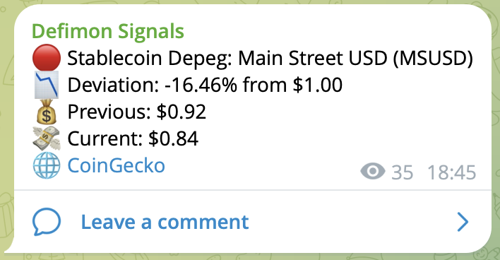 DefimonAlerts's tweet photo. ethereum:0x4ba01f22827018b4772cd326c7627fb4956a7c00 depegged severely from $1 after @AccountableData terminated its service agreement with @Main_St_Finance https://t.co/xTjaCANHdT