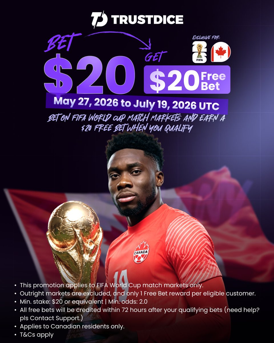 TrustDice's tweet photo. 🇦🇺🇨🇦 World Cup match days just got better.

Bet $20 on eligible World Cup match markets and get a $20 Free Bet when you qualify:
https://t.co/bgeZRZzv3D

Eligible AU/CA residents only. Min odds 2.0. T&amp;Cs apply. 18+. https://t.co/vBise4zf4i