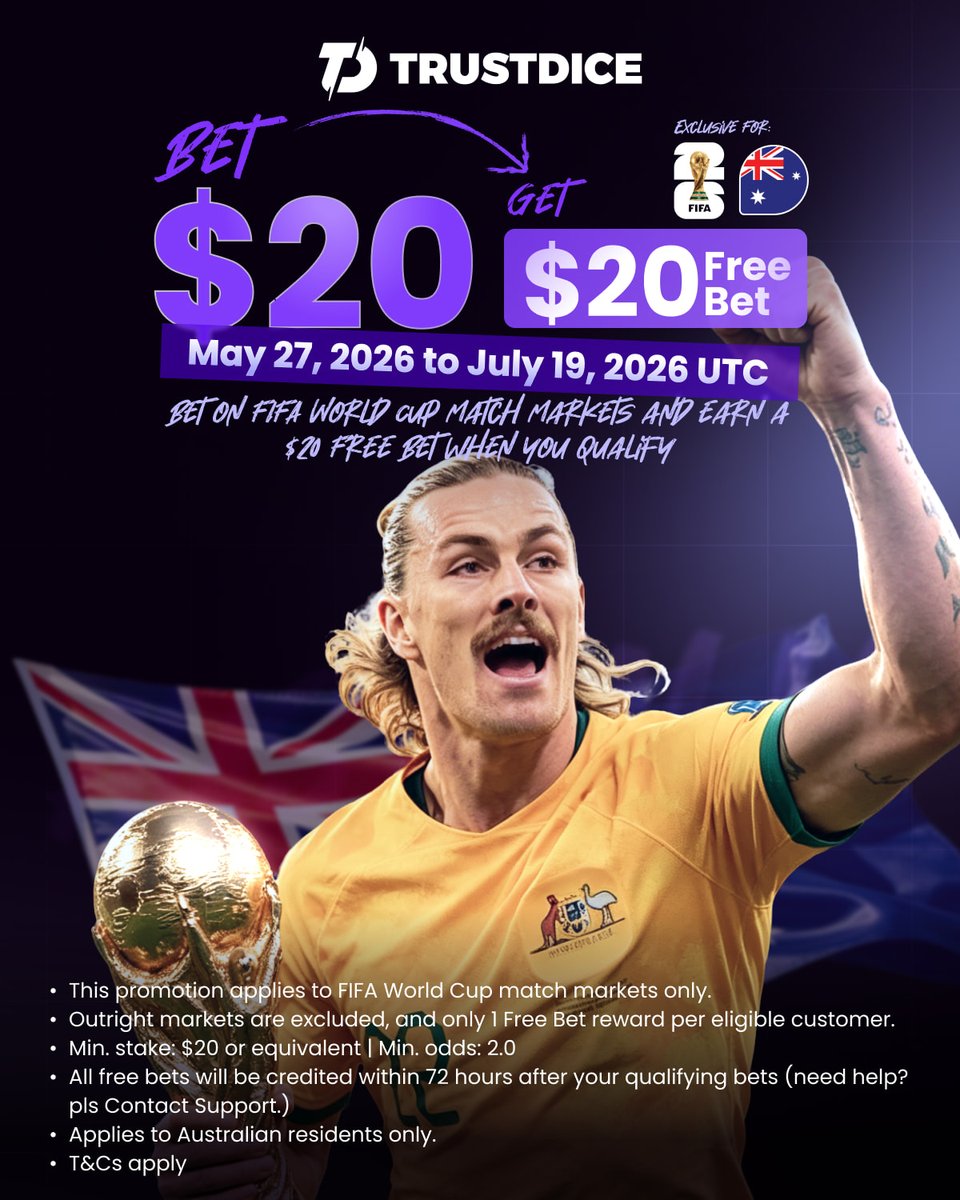 TrustDice's tweet photo. 🇦🇺🇨🇦 World Cup match days just got better.

Bet $20 on eligible World Cup match markets and get a $20 Free Bet when you qualify:
https://t.co/bgeZRZzv3D

Eligible AU/CA residents only. Min odds 2.0. T&amp;Cs apply. 18+. https://t.co/vBise4zf4i