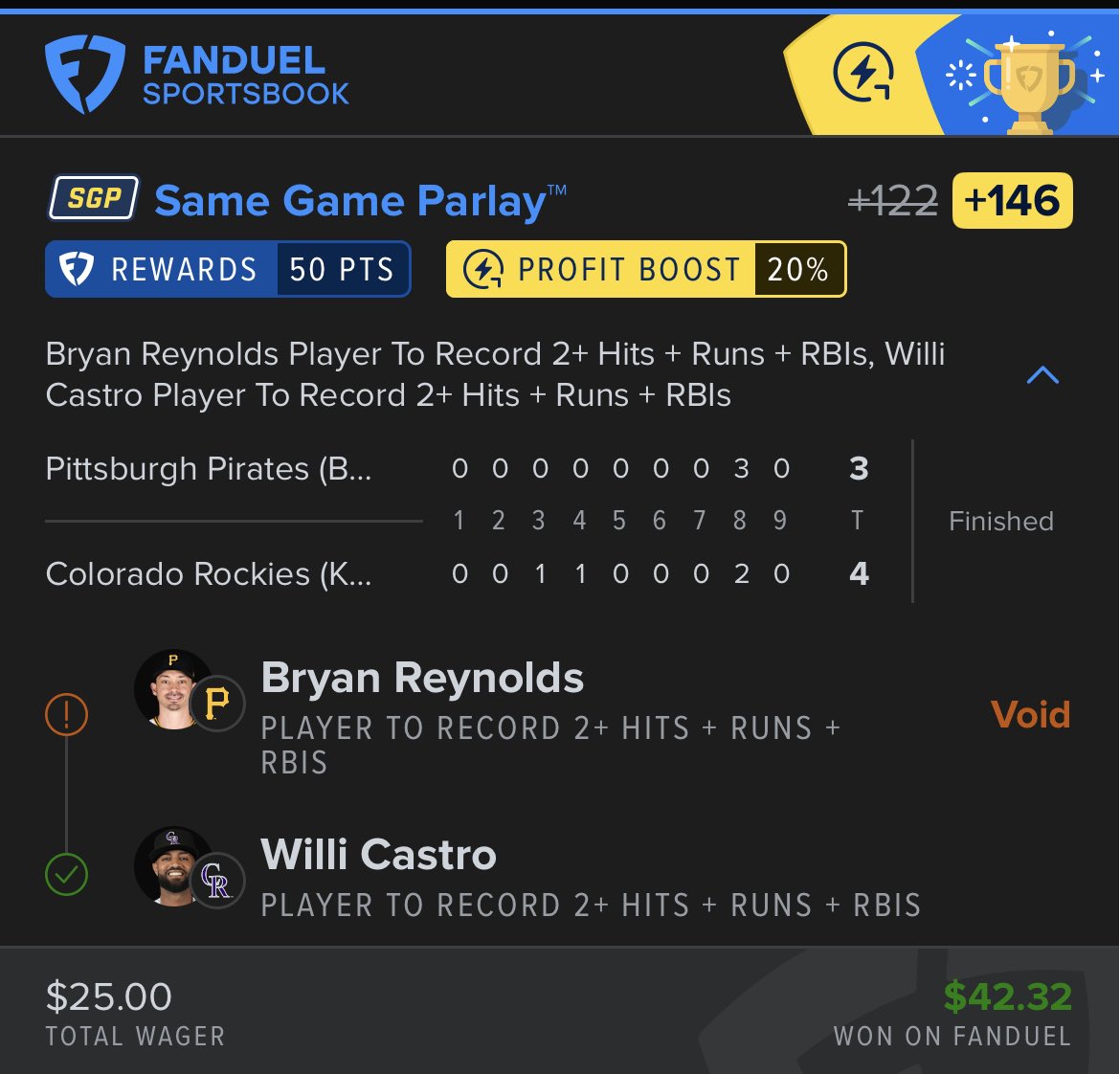 ryankb818's tweet photo. So @fanduel didn’t void Reynolds when he didn’t start, but after he came in and got 2 HRR. Then voided him. I bet this would have lost if he came in and went 0-1 lol https://t.co/ucJQtDkwzB