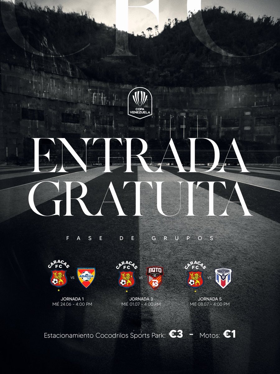 Caracas_FC's tweet photo. ¡ATENCIÓN AVILEÑOS! 📣
La entrada para los partidos de local en la Fase de Grupos de la Copa Venezuela será gratuita.
El costo del estacionamiento es de €3 - Motos €1
¡Los esperamos en casa. Vamos Caracas! 💪🏻
#SomosCaracas #DaleRo https://t.co/DeCYv7276r