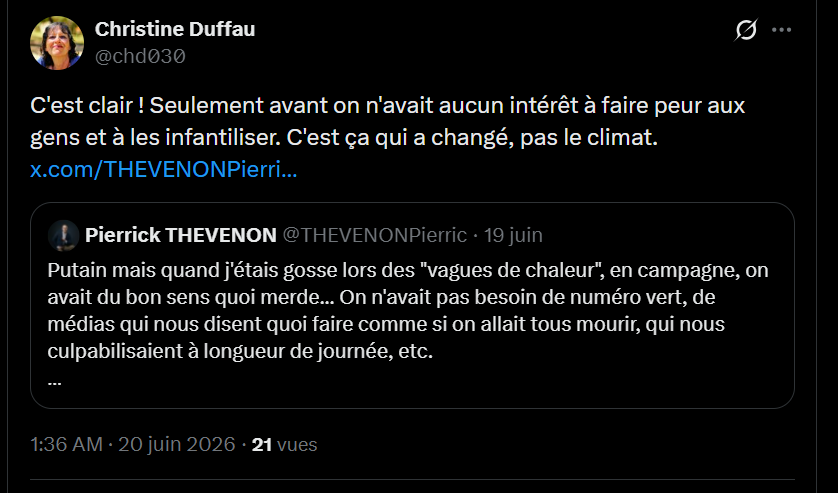 SergeZaka's tweet photo. C'est quoi ce vieux tweet de comptoir à deux balles ? Vous vous prenez pour la reine de la science et les climatologues pour des abrutis ?
Les archives ne montrent aucun précédent en juin. Et nous allons battre très probablement les records d'août 2003, mais c'était en août.

Qu'a-t-on fait pour mériter des personnes comme vous en France ?